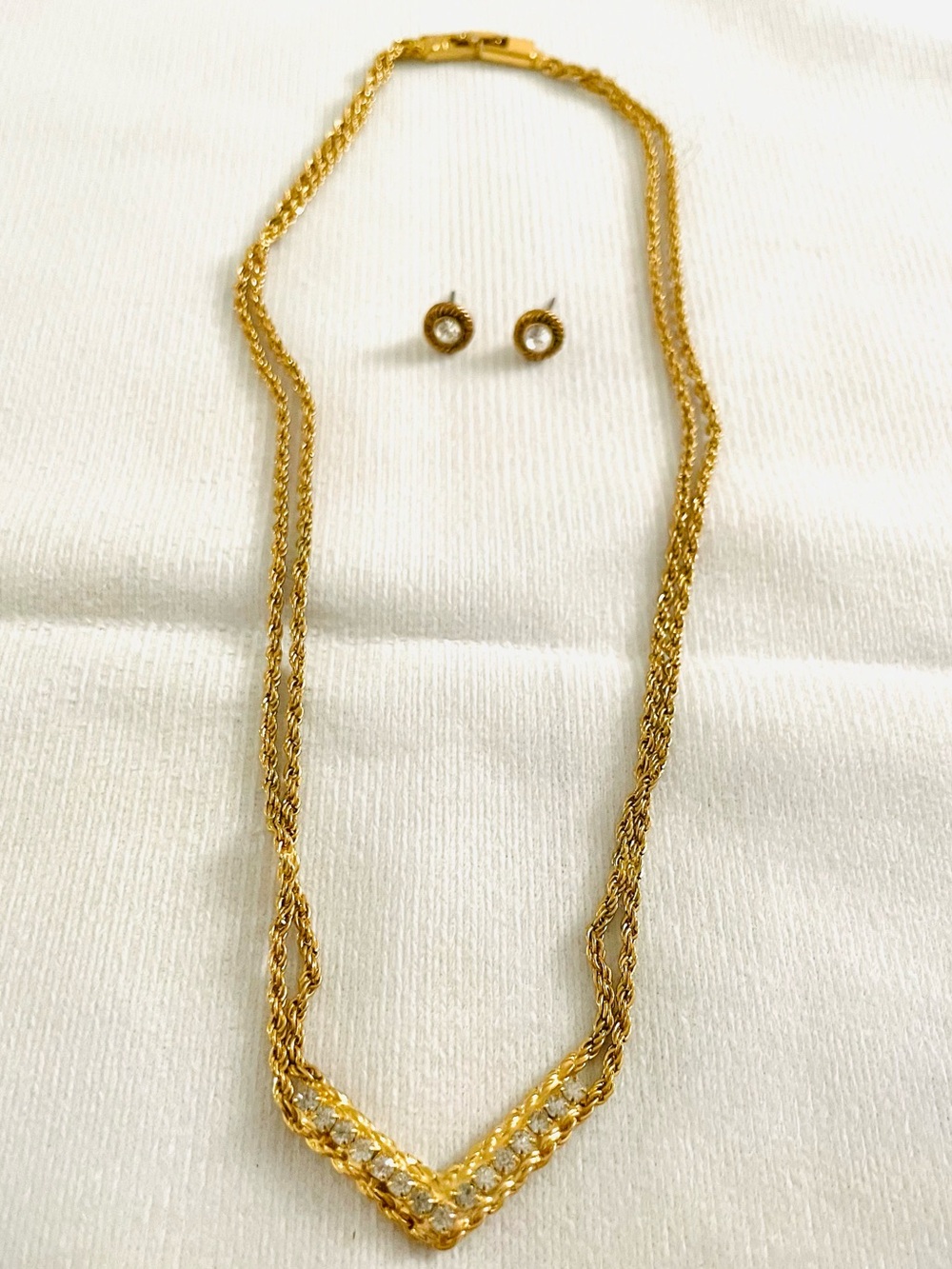 Vintage Gold and Clear Crystal V-Accent Necklace with Matching Studs